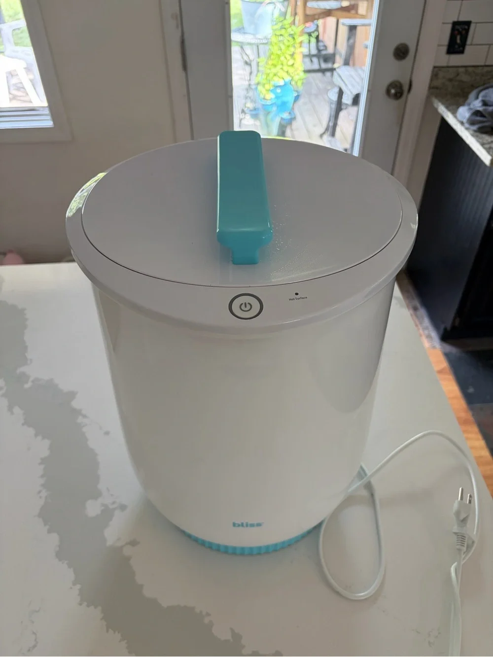 Bliss White and Aqua Compact Towel Warmer with Ribbed Base